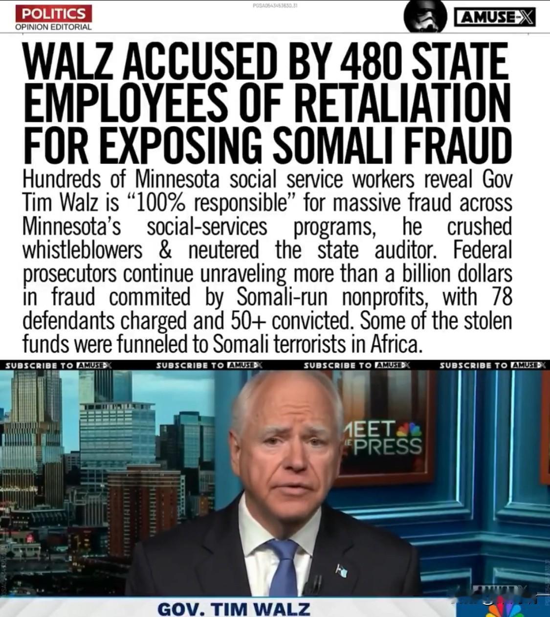 最新消息：480多名明尼苏达州国土安全部工作人员称，州长沃尔兹掩盖了与索马里有关