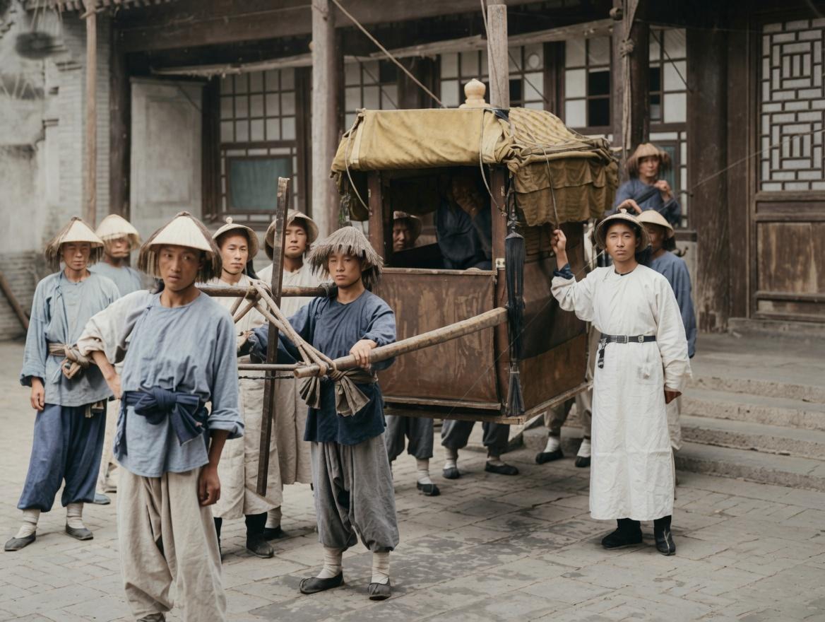 清末，地方官员出行仪仗留影，四人官轿、侍从差役列队而立，完整还原了清代州县官僚的