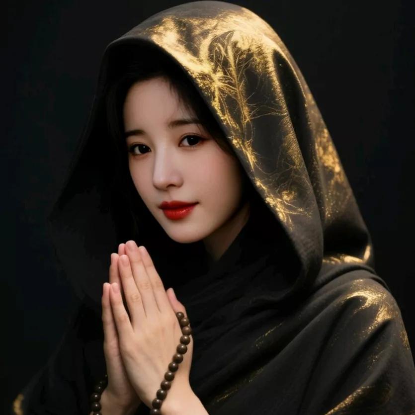 神秘的黑纱下，她双手合十，仿佛在祈祷什么。