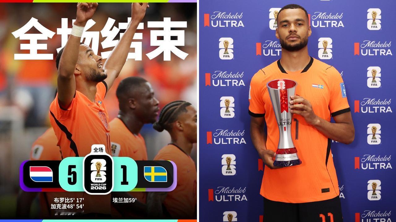 世界杯：荷兰5-1大胜瑞典，暂升小组第一。
布罗比双响，加克波2射1传，萨默维尔