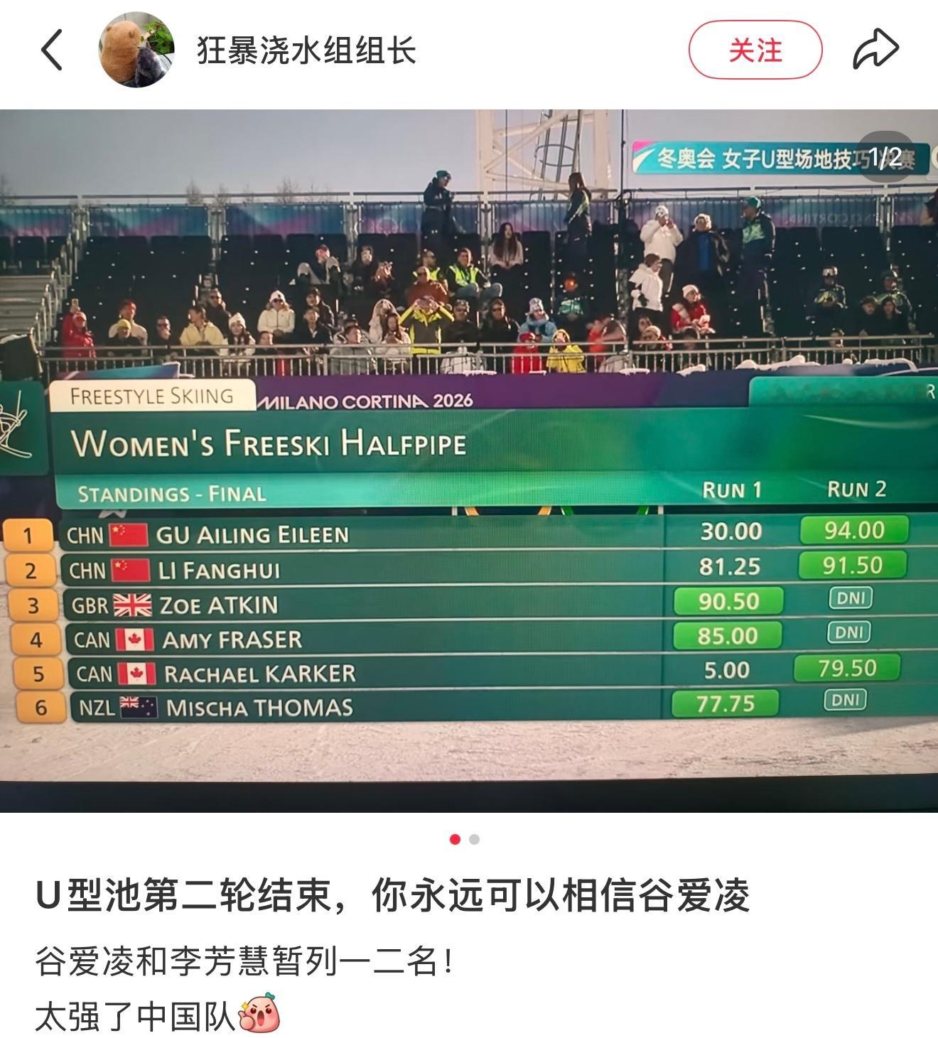 谷爱凌第二滑94.00分谷爱凌太强了 心态稳技术强！ 