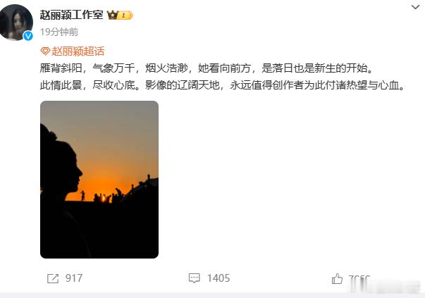 #赵丽颖落日侧颜剪影#赵丽颖的落日侧颜剪影，宛如一幅绝美的艺术画作，散发着令人陶