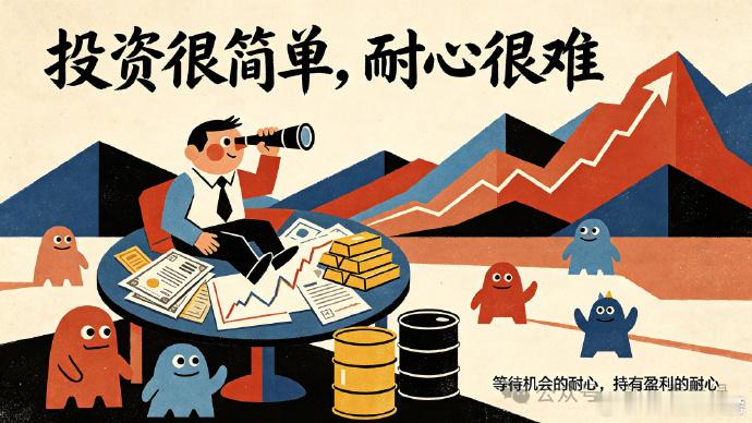 投资很简单，拥有耐心很难无论股债商，这些大类资产其实长期都是上涨，而且长期回报并