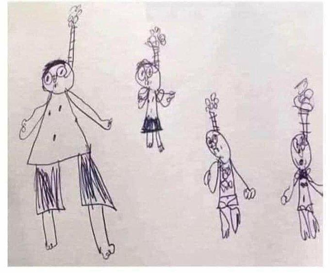 老师布置课堂作业，让6岁男孩画一张全家福。
交上来的作品，直接让老师们心里一紧，