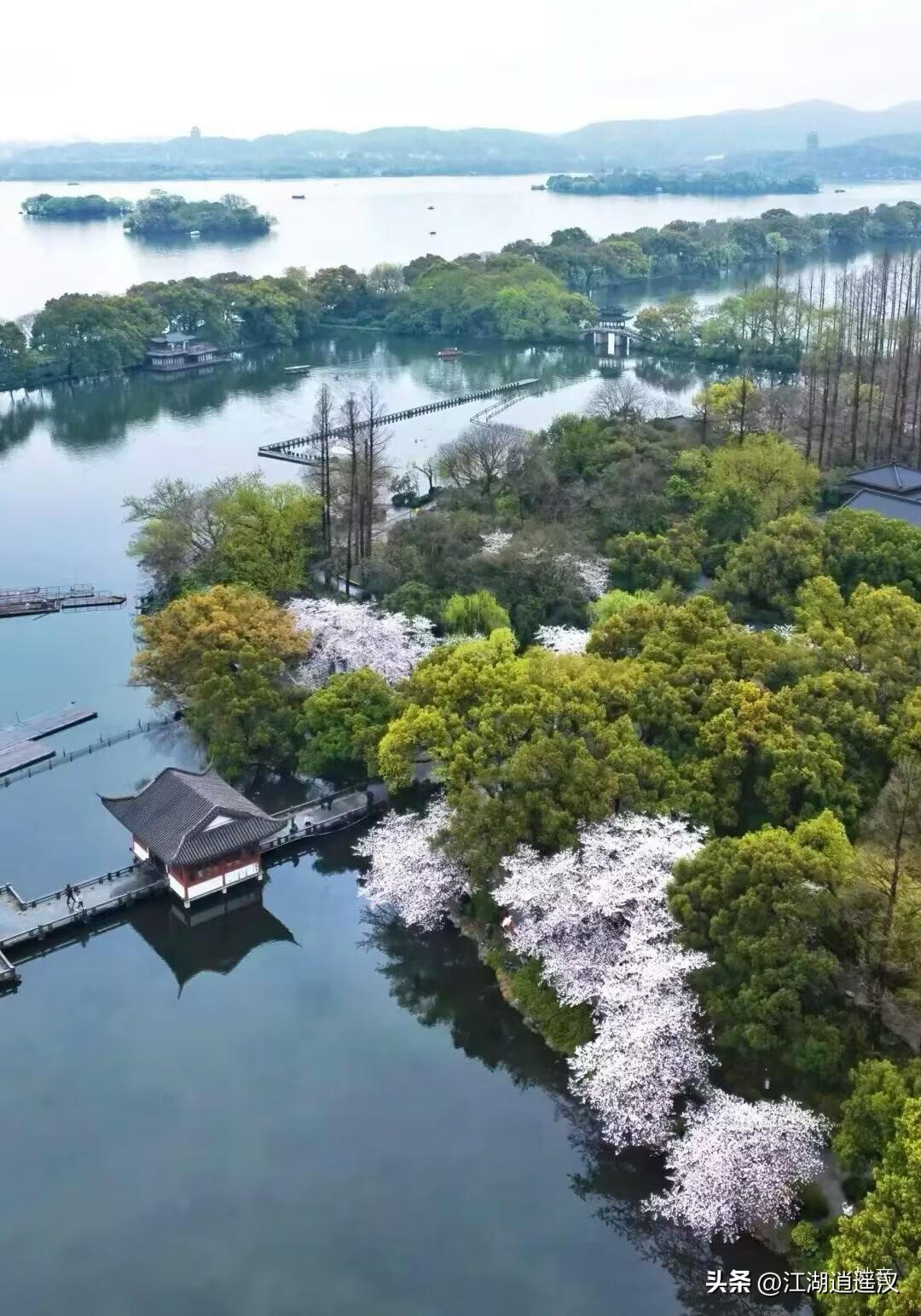 春日下的杭州，柳丝轻垂吻碧波，桃花点点染春波。一湖春水映着新绿，把江南的温柔与烂