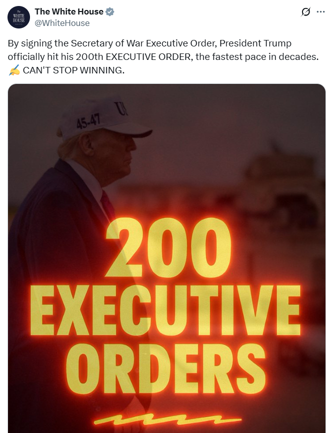 白宫宣布特朗普取得的一项重大成就：通过签署关于战争部长的行政令，特朗普正式达成了