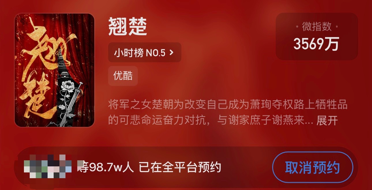《翘楚》马上双平台百万预约了🫳🏻微博预约每一天点50次⭕️优酷有多个耗在手里