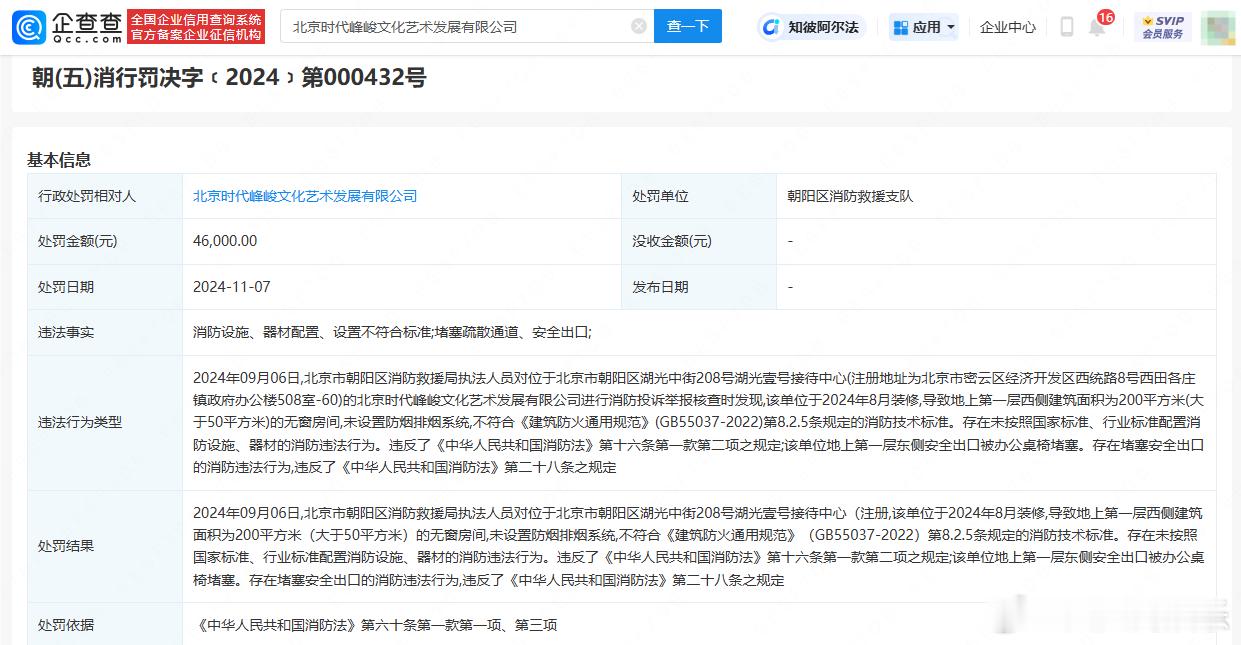 【 时代峰峻消防违法被罚4.6万 】 时代峰峻堵塞安全出口被罚  企查查APP显