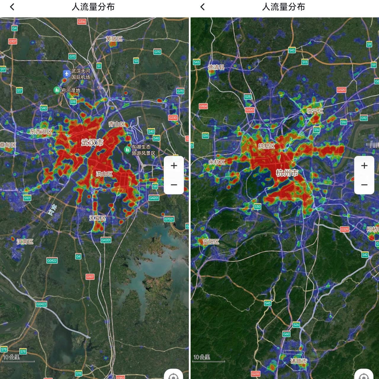 记得10年前武汉市区面积比杭州大很多，可是在2025年大家会发现杭州市区面积跟武