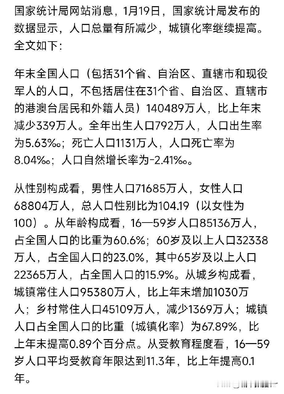 中国2025年人口数据出炉，总人口14.0489亿人，人口同比上一年末减少339