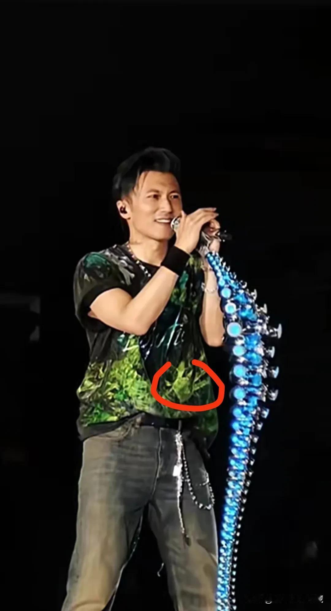 谢霆锋也开始晒儿子了，在杭州演唱会上，谢霆锋一身黑色打底绿色手印圆领T恤衫，手印