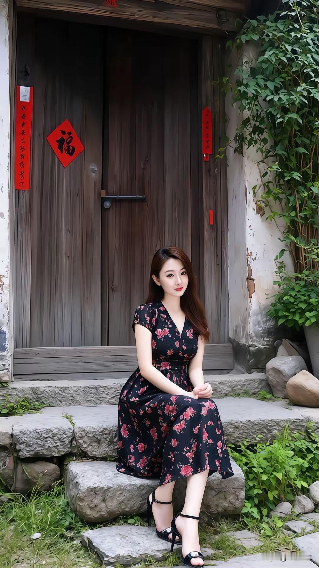 古风庭院中的优雅女子，黑底红花裙，静坐石阶上，感受岁月静好。