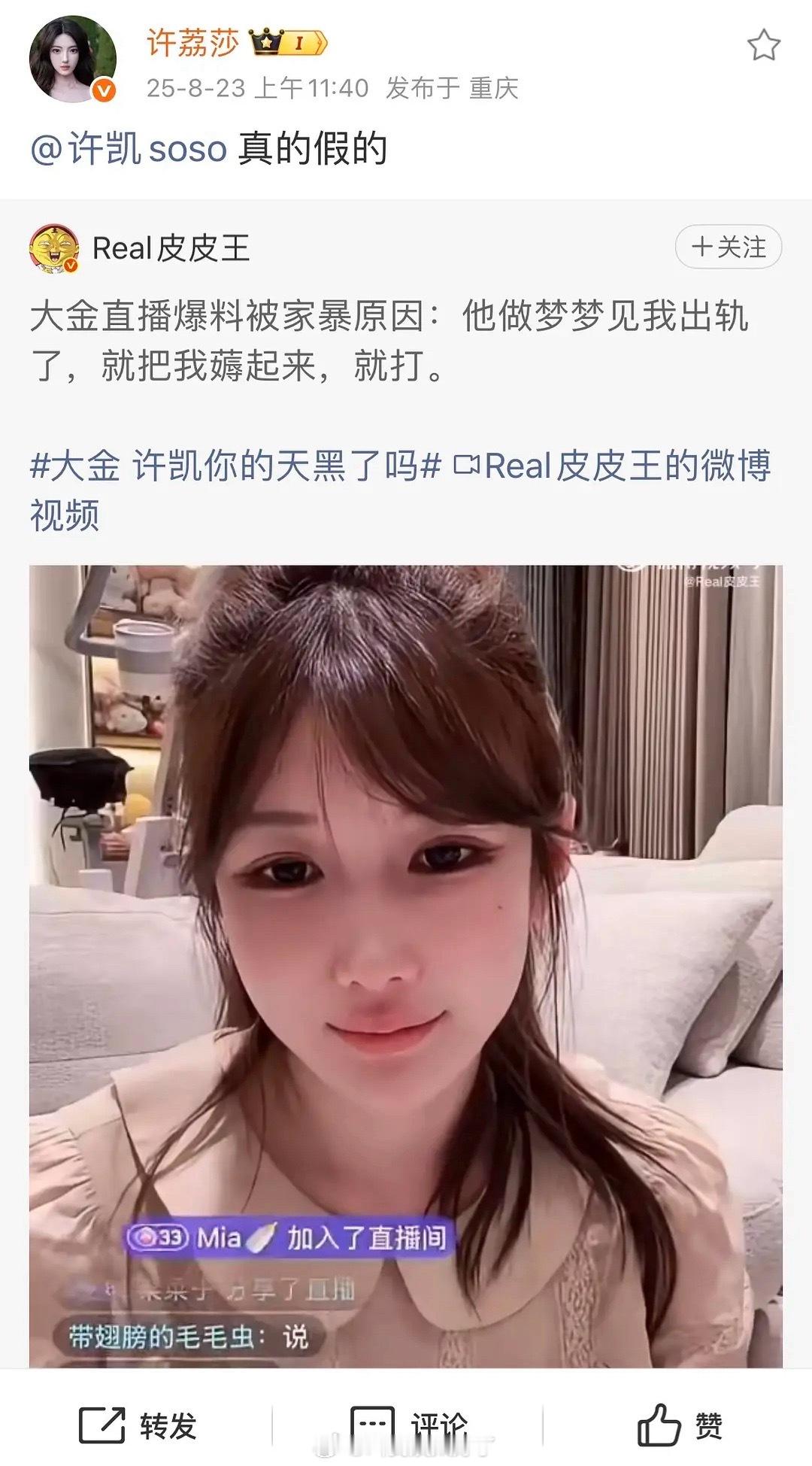 大金爆料自己被家暴的原因是对方梦到她出轨了…许荔莎转发视频直接贴脸开大许凯：“真