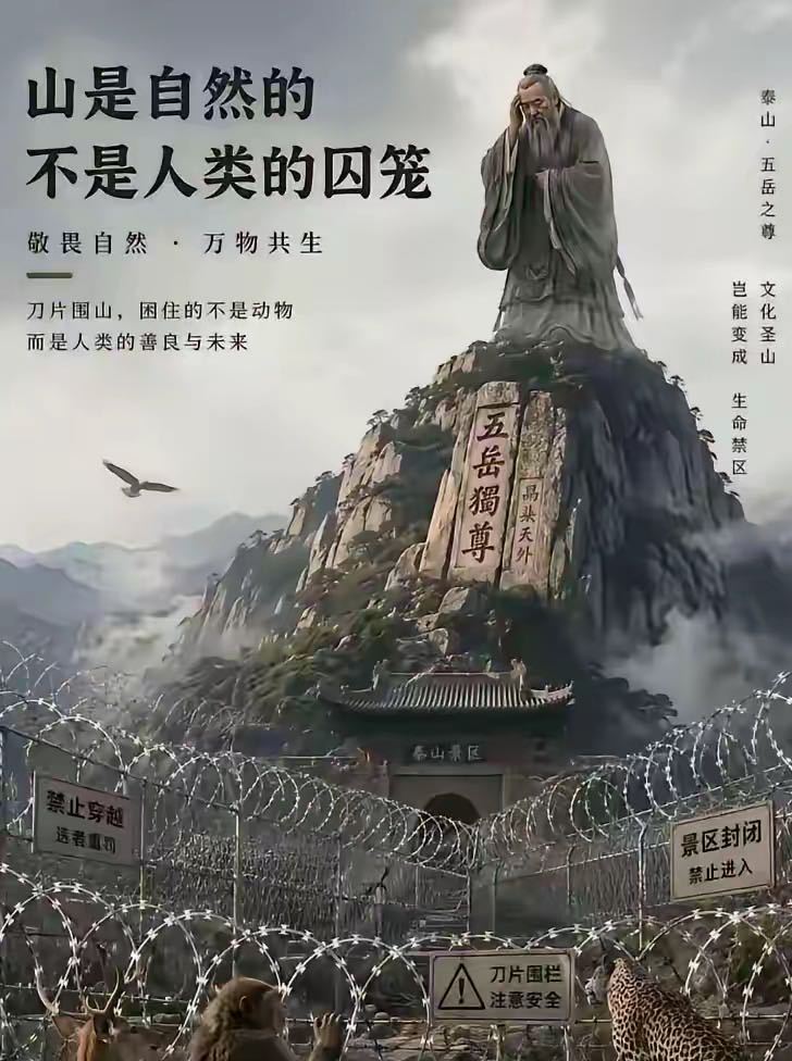 泰山是大自然的，不是人类的囚笼。敬畏自然，万物共生。 
