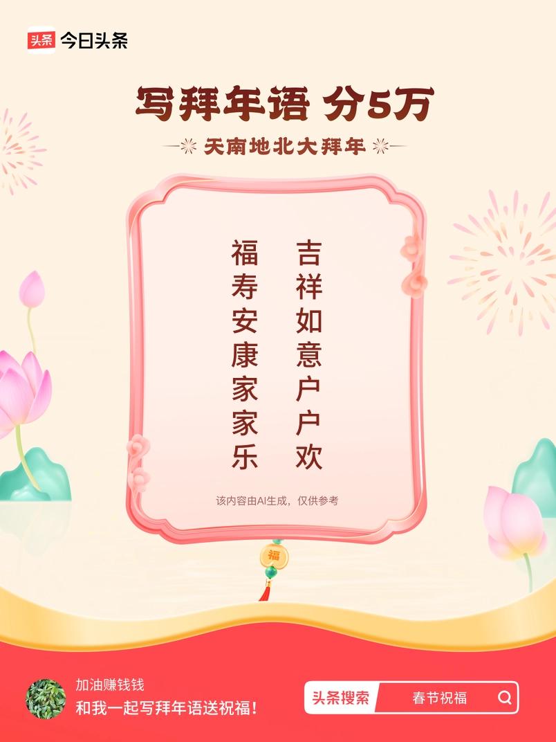 写拜年语送祝福新春拜年送祝福！我的祝福是：“福寿安康家家乐，吉祥如意户户欢”！快