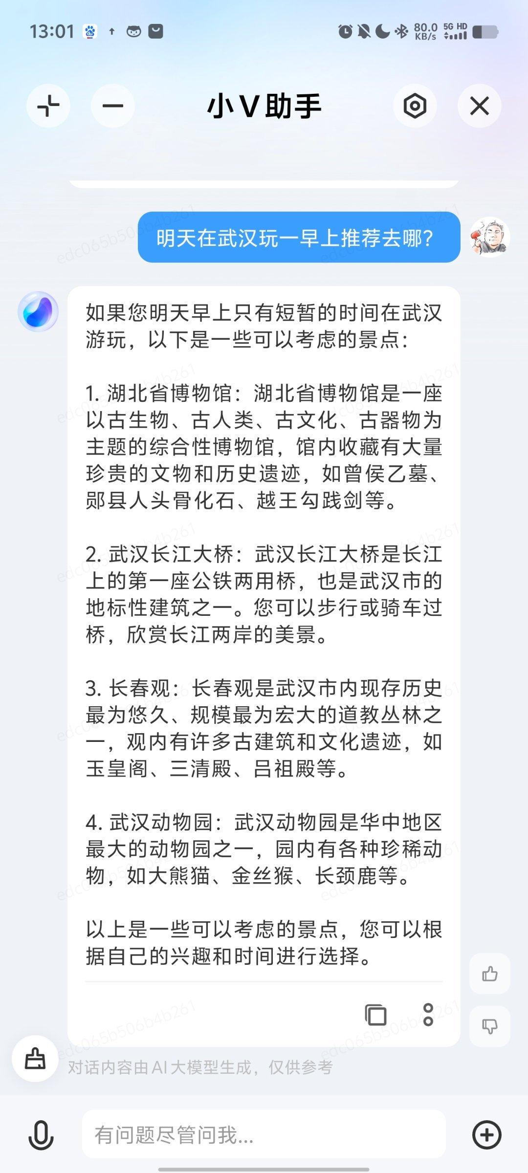 我问蓝心小V明天早上去武汉哪里玩，它给我推荐了一些景点，要么去湖北省博物馆看看越