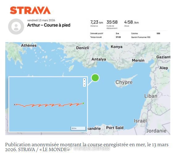 法国🇫🇷人又在搞笑。法国海军某军官在健身App里公开分享自己跑步锻炼的轨迹，
