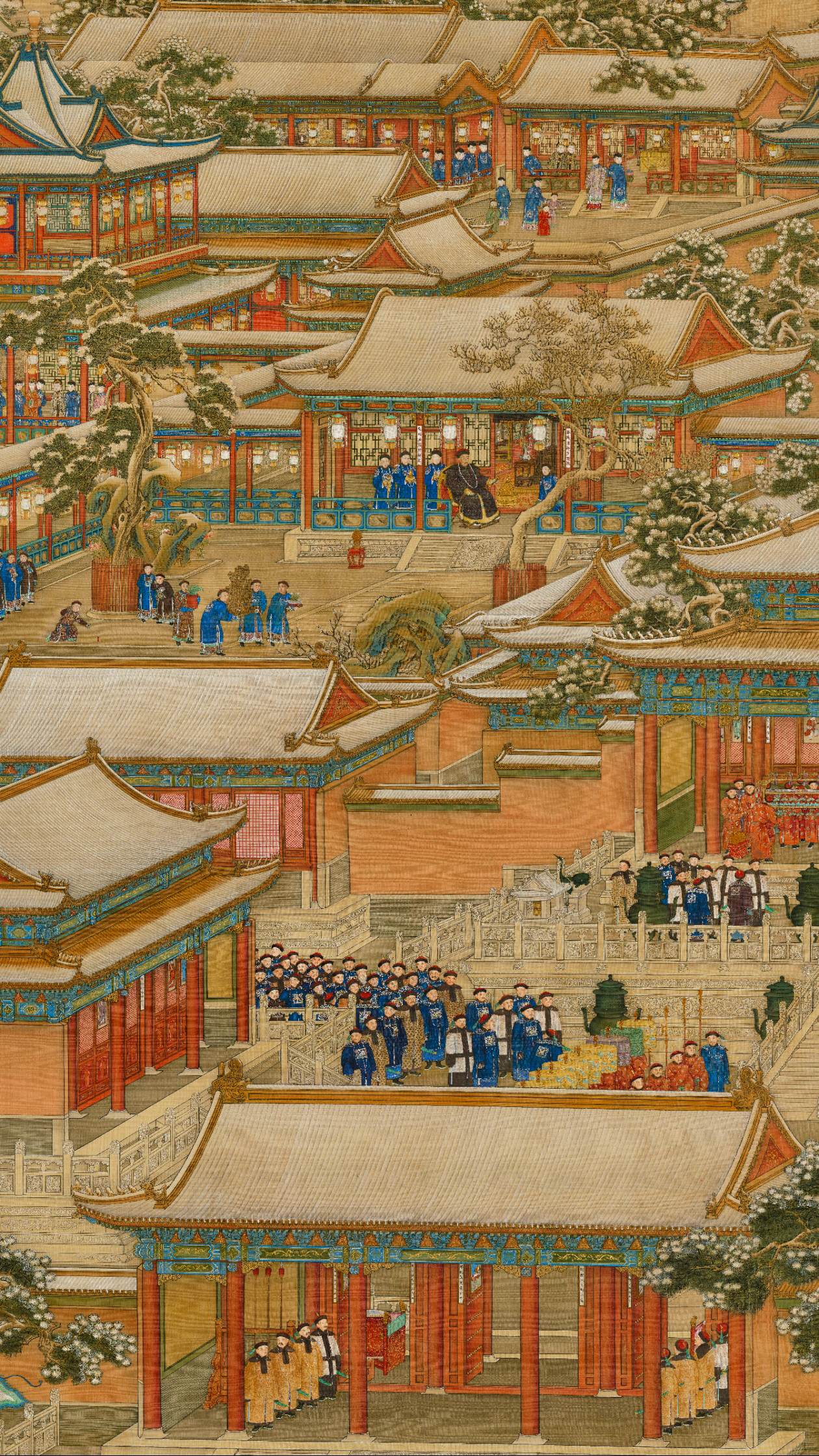 清乾隆时期的万国来朝。清代画卷《万国来朝图》现藏于北京故宫博物院，描绘了清乾隆时期藩属及外国使臣在新年伊始携带各种珍稀贡品等待觐见乾隆皇帝，场面宏伟壮观。有荷兰、英吉利、法兰西、日本、朝鲜、安南等诸国。该画反映了两百多年前康乾盛世时中国的强盛。但同时，清朝以天朝上国自居的心态也跃然纸上。“万国来朝”一词出自隋朝，此后历代都热衷于此，朝贡促进了对外交流，但高昂的接待费用、赏赐，也加重了国家负担。我们希望国家繁荣富强，但面子工程可以少一点，多造福于民即可。（此为局部图）
