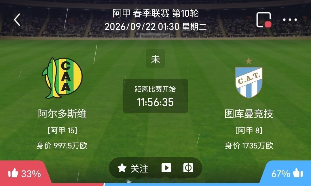 【北单】周一398阿甲方向：阿多斯维vs图库曼竞技阿甲：阿多斯维VS图库曼竞技时