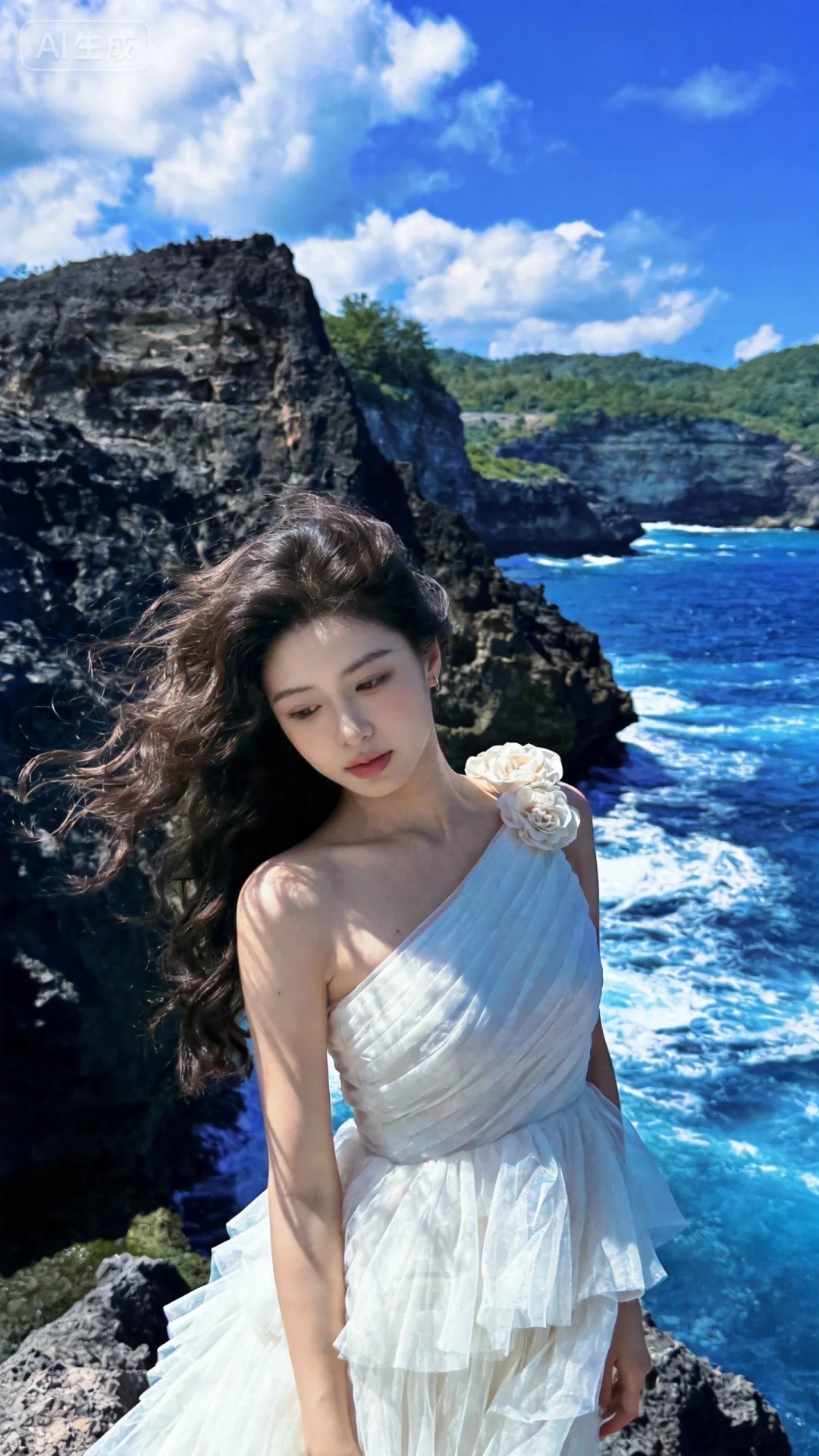 - 人物主体：年轻东亚女性，冷白皮，高颜值，长卷发被海风拂起，神态慵懒...