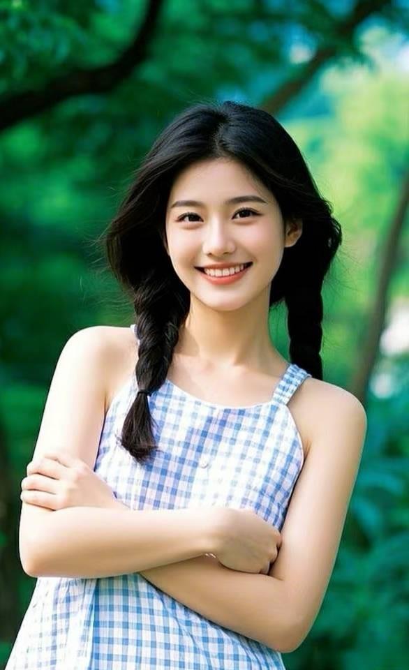 阳光明媚的午后，甜美少女在绿意盎然的背景下微笑，青春洋溢！🌞💐😊