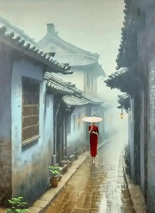 上联：江南小巷笼烟雨；
下联：塞北旷野卷风沙。