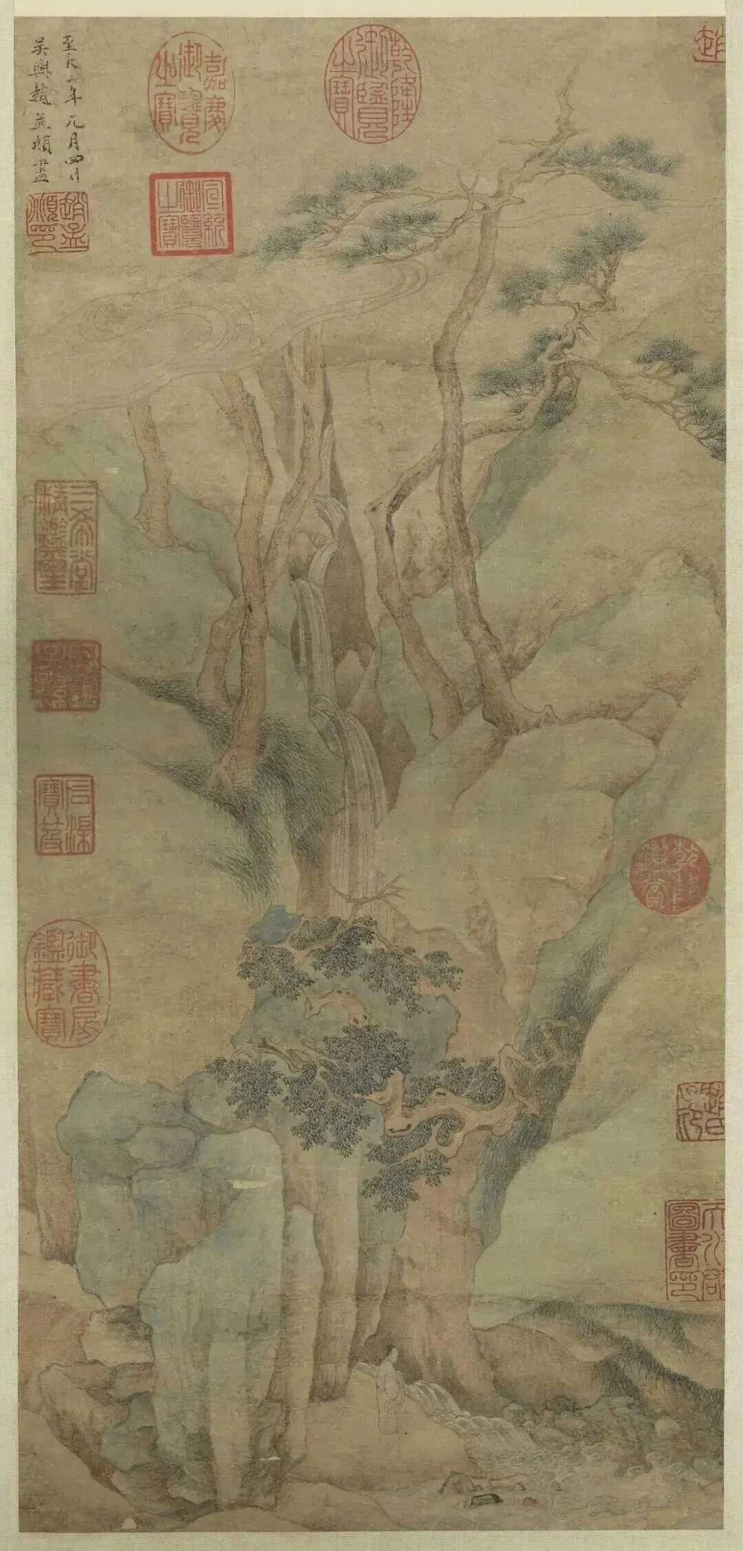 赵孟頫《观泉图》，台北故宫博物院藏，53.9厘米×24.8厘米。画中青壁像两堵墙