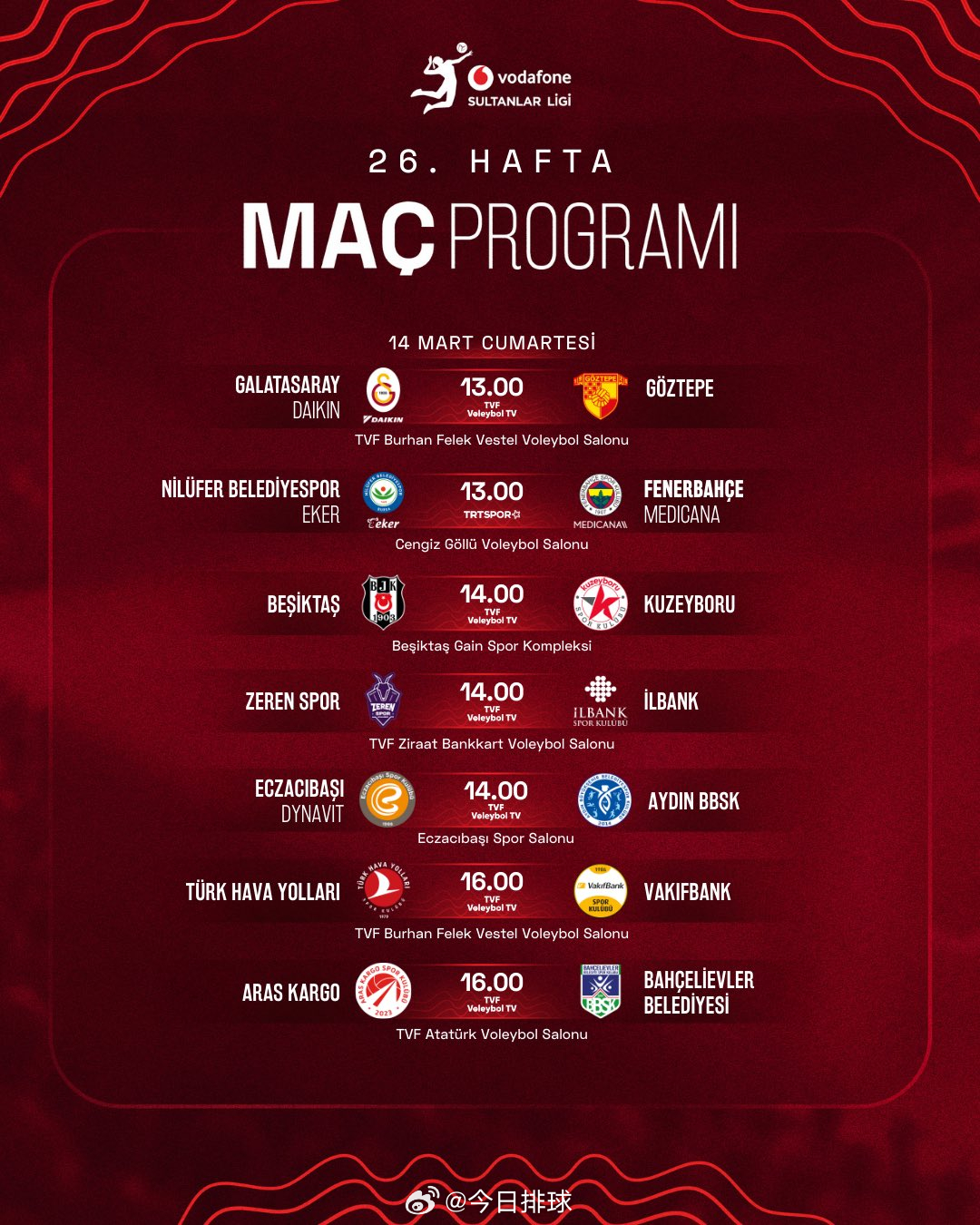 2025-2026女排土超 常规赛第26轮竞赛日程（当地时间）。 