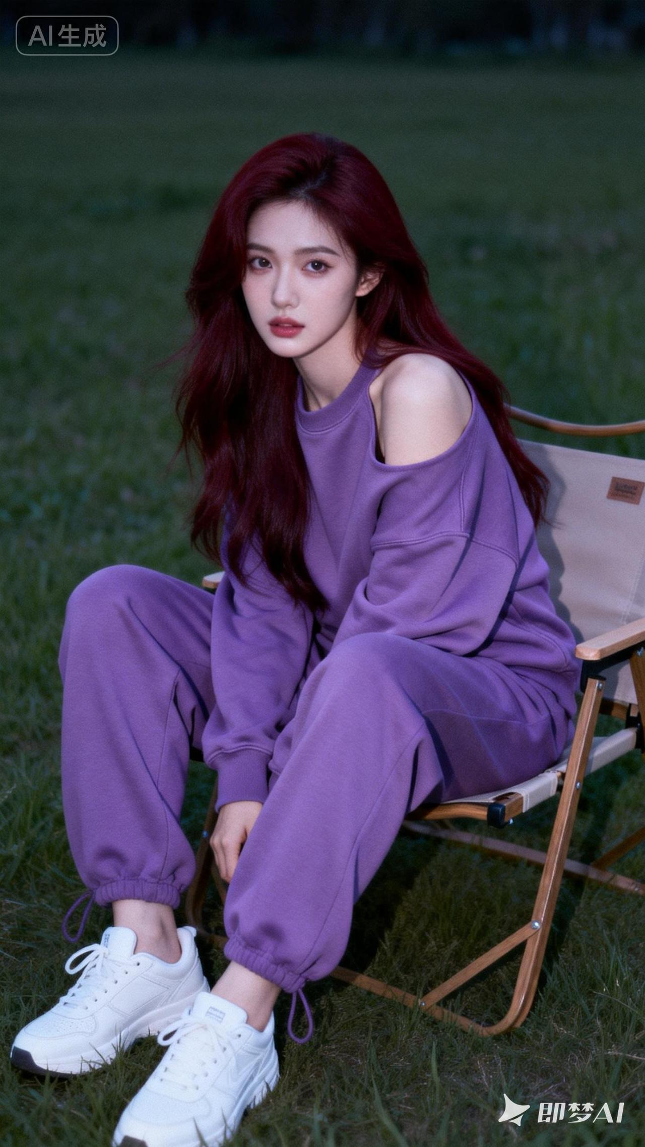 夜晚草地上的紫色少女，清新自然，时尚穿搭