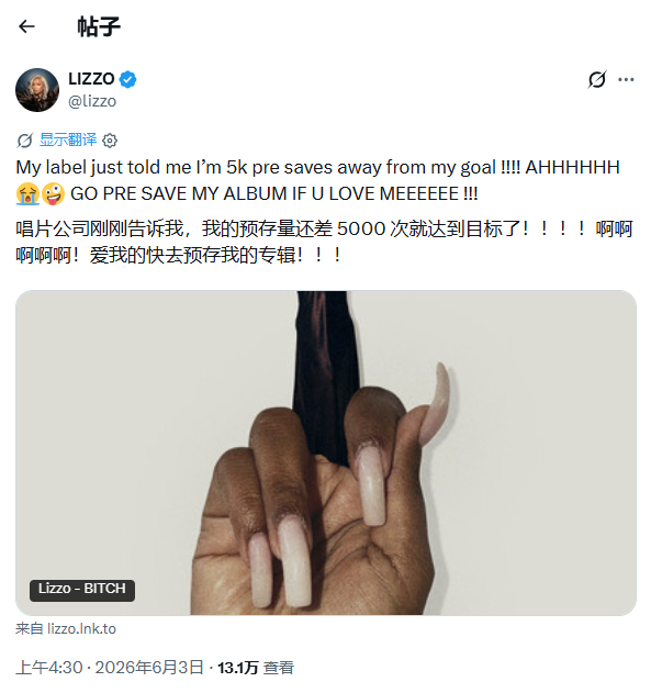 【】所以Lizzo当时的专辑预存量目标到底是多少呢?/Lizzo