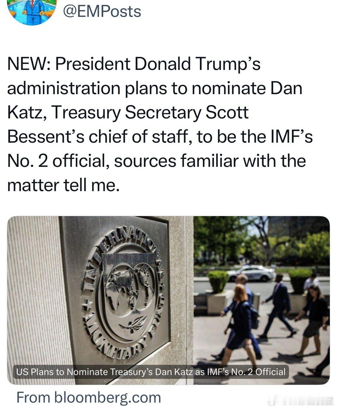 美国财政部长的幕僚长Katz，已被美国提名、即将被确认为：国际货币基金第一副总裁