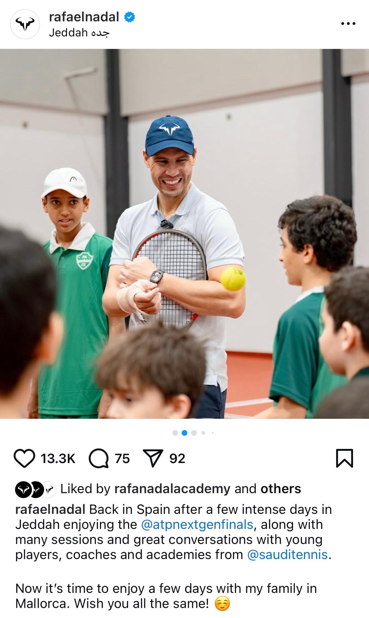 已经回到西班牙的纳达尔，在社交媒体晒图总结沙特吉达之旅，接下来就是和家人一起度过
