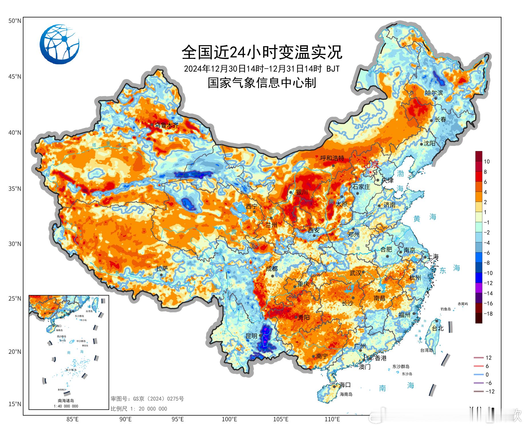 【气温回升】今天我国大部地区的气温上升，对比昨天和今天的14时，0℃线向北扩展，