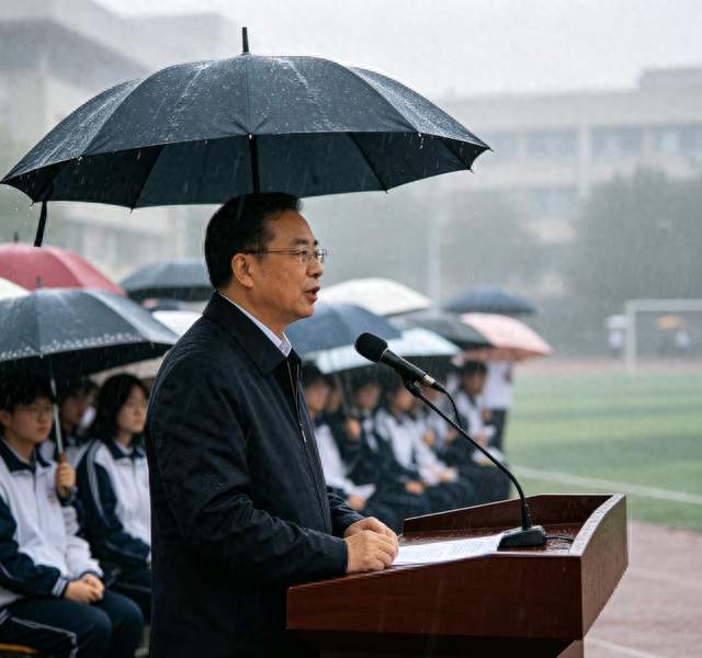 开学典礼突降暴雨，校长舍弃长文只讲三句话