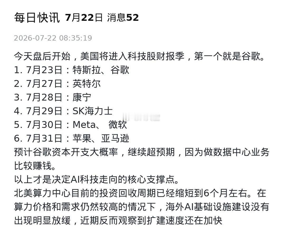 美国科技大厂进入财报季。第一个就是谷歌。 特斯拉、谷歌、英特尔、康宁、海力士都将