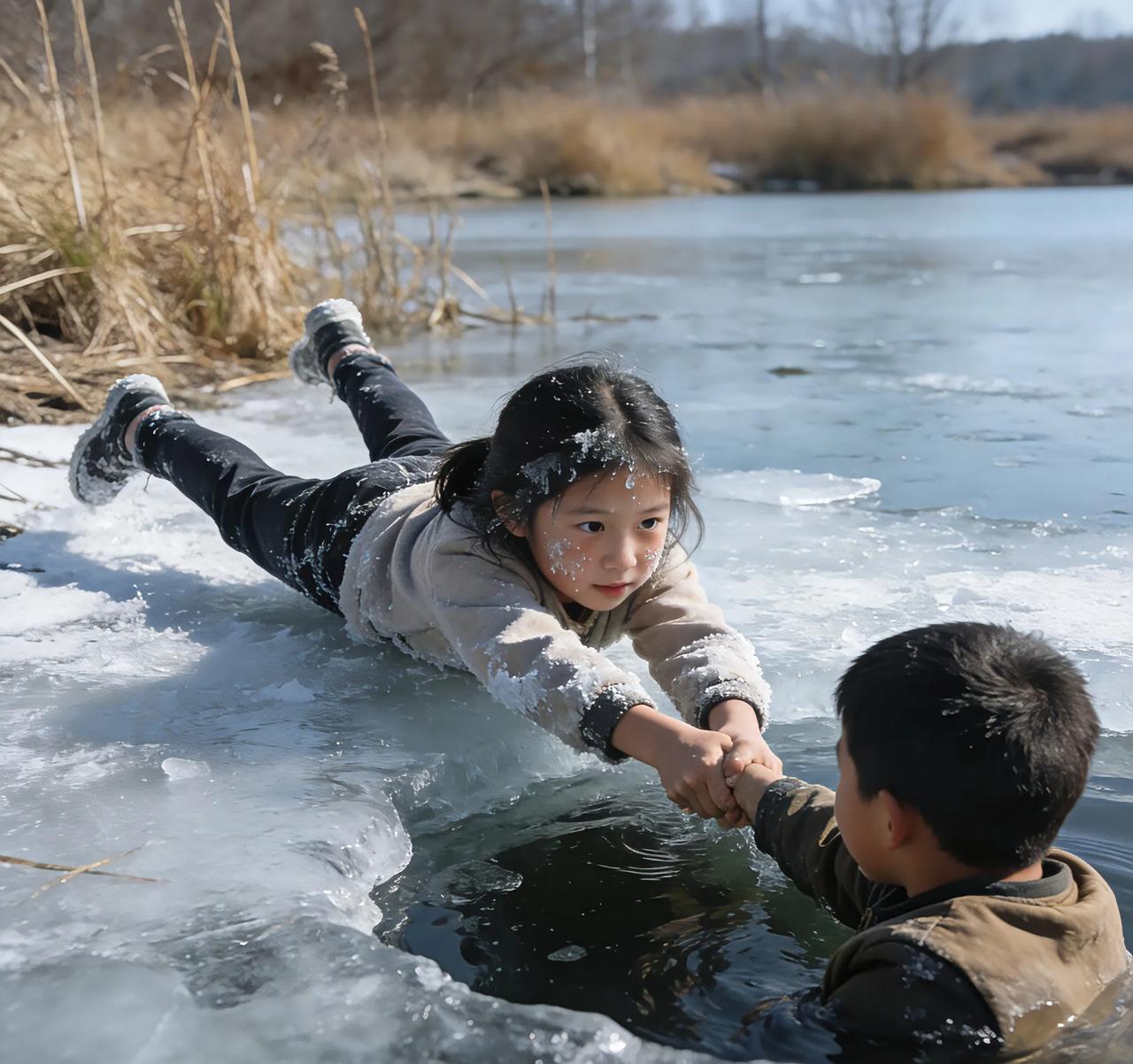 男童坠冰窟！小姑娘喊