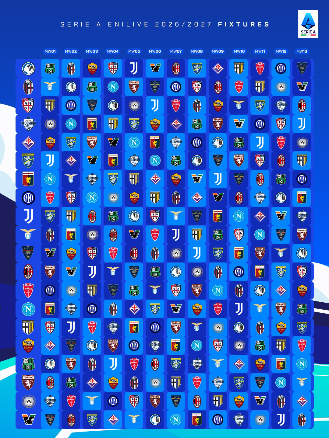 漫长的等待即将结束……⏳新赛季意甲联赛💎全部赛程安排 📅我们是Calcio