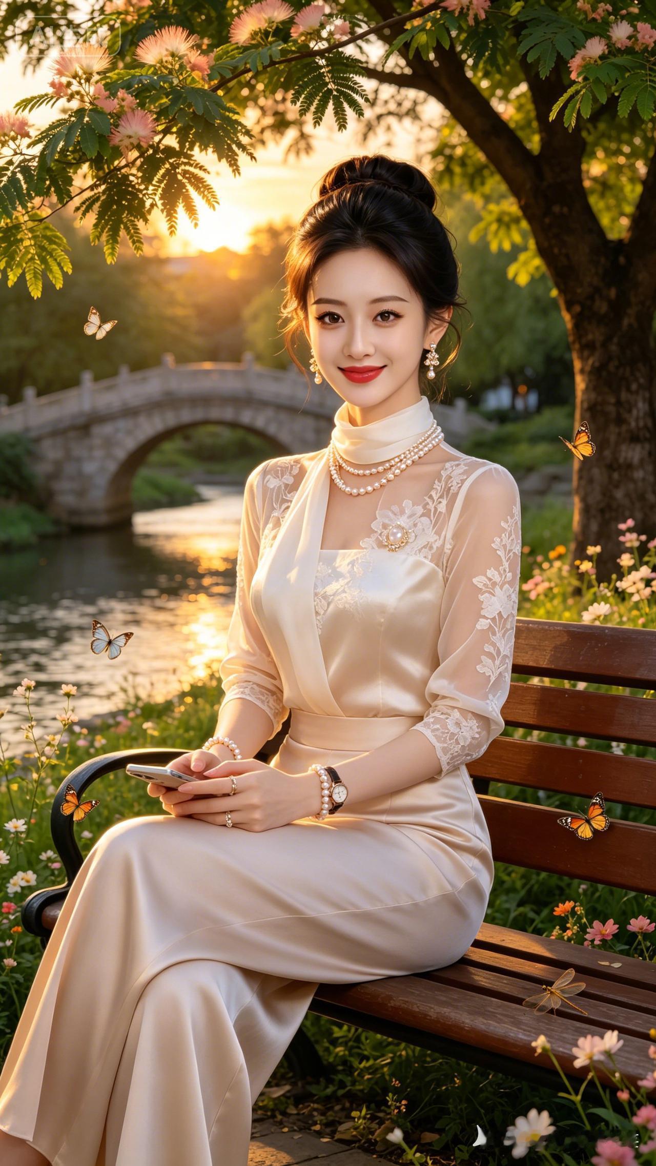 夕阳合欢河畔石桥长椅，香槟真丝套装职场女郎，满饰珍珠钻饰，伦勃朗柔光衬白嫩肌肤，