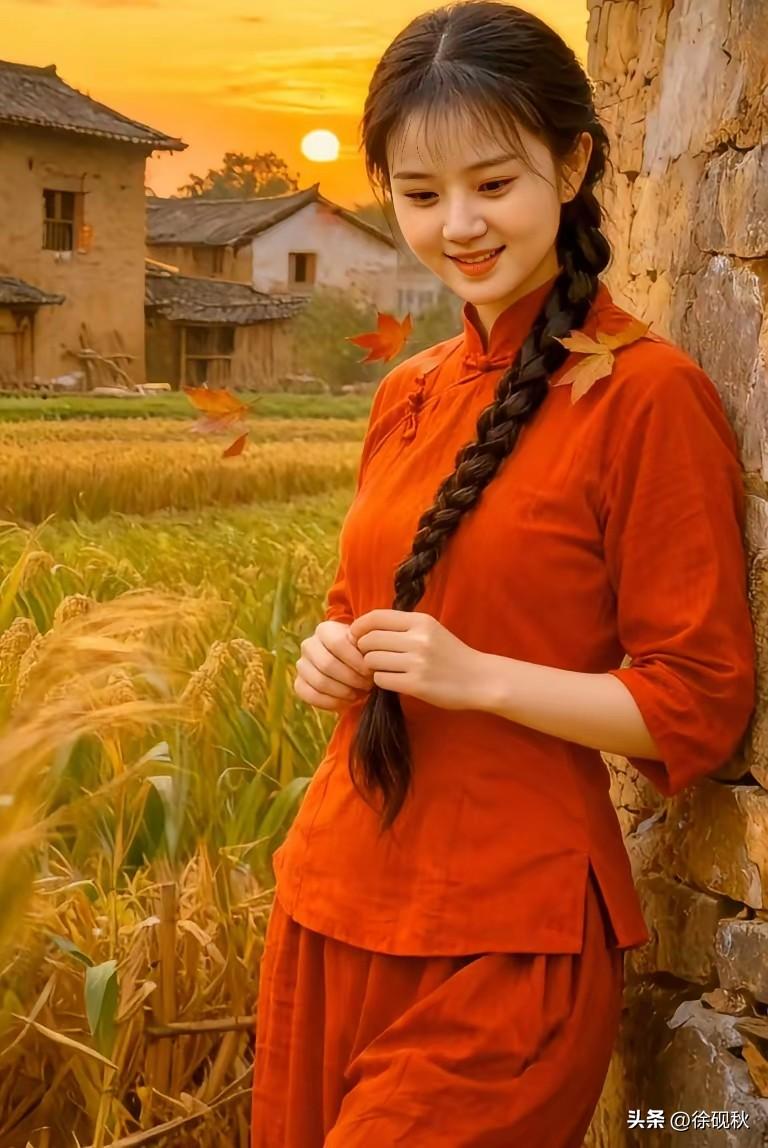 一片秋景映夕阳，
红衣妙女背靠墙。
偷偷约会有情郎，
面带羞涩亦紧张。