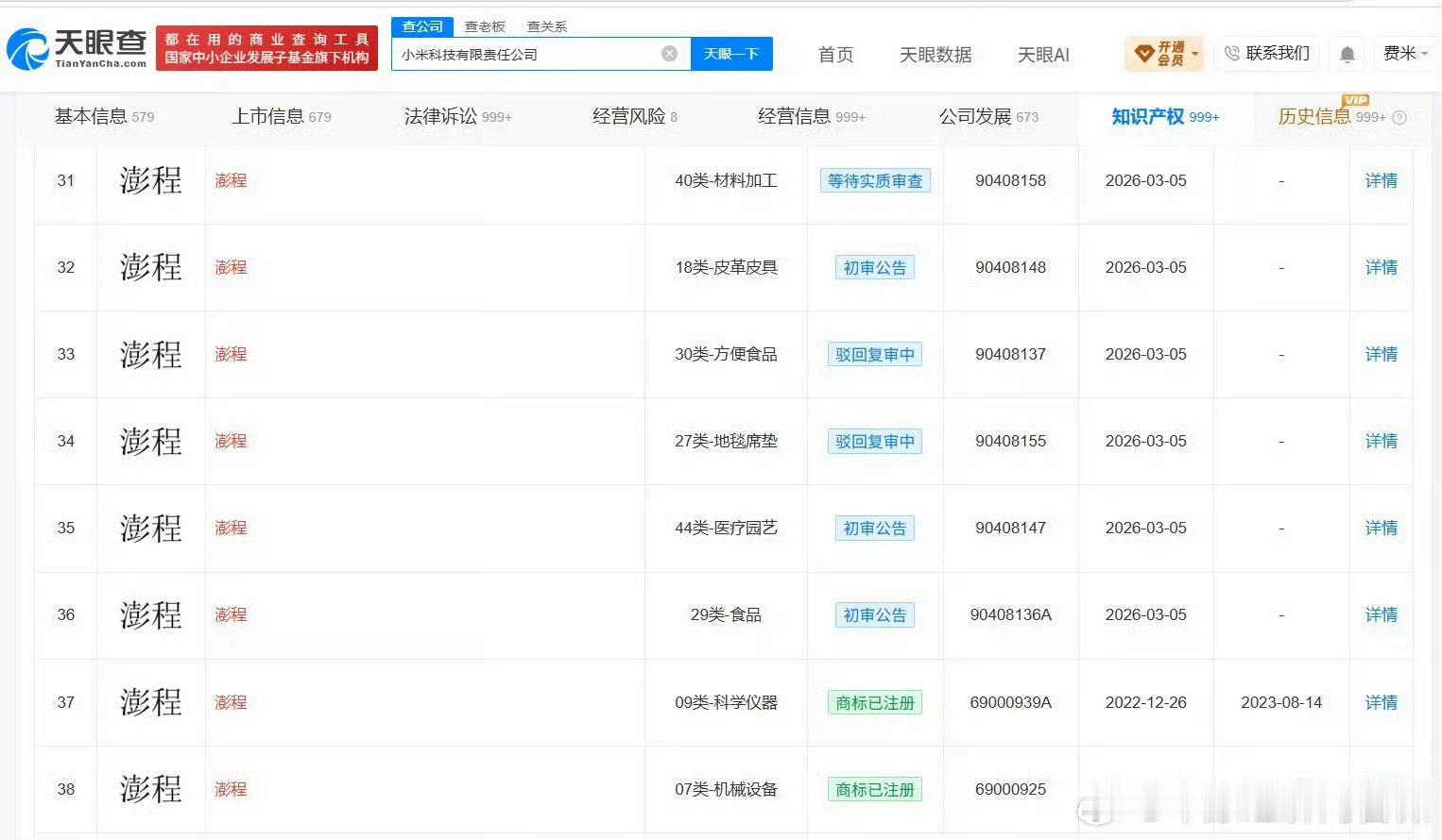 小米申请多枚汽车相关商标小米澎程商标部分已注册成功 7月28日，天眼查知识产权信