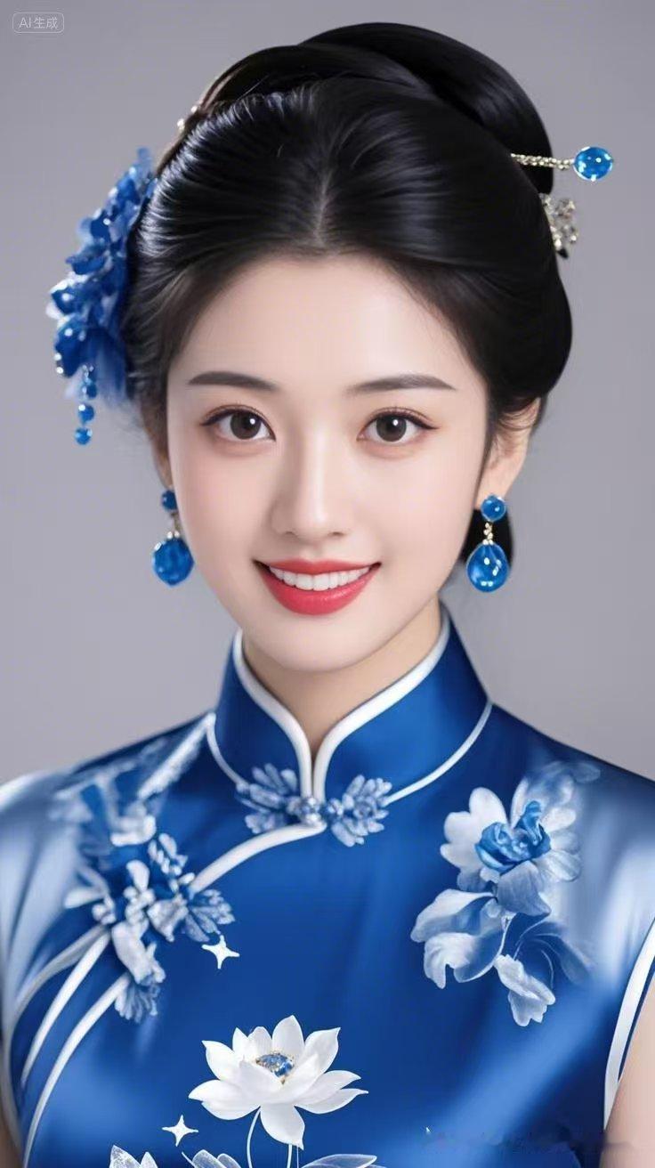 一袭蓝裙佳人笑意温婉动人，眉眼自带清雅古典气韵，眉目舒展灵动雅致，身姿温婉柔美，
