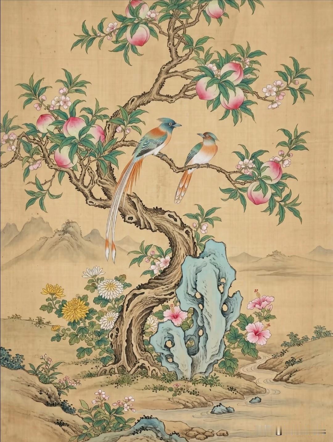 寿桃栖绶带，奇石伴繁花，溪山藏满堂祥瑞。
酌月绘国风花鸟插画分享
国画花鸟 工笔