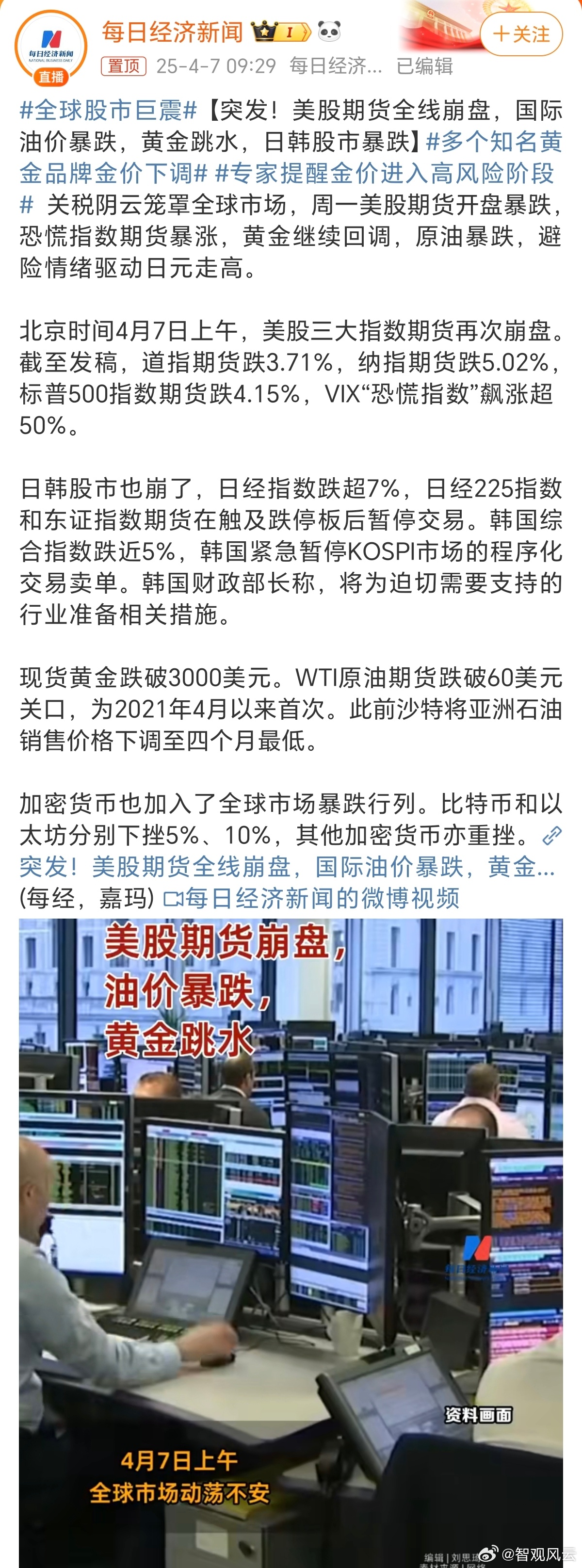 全球股市巨震特朗普一纸关税，把全球市场砸了个稀巴烂。美股期货全线跳水，道指、纳指