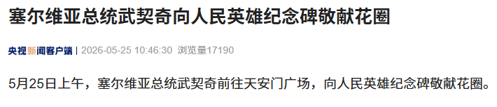 塞尔维亚总统武契奇向人民英雄纪念碑敬献花圈