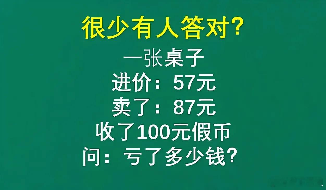 很少有学生能答对的一道题目，一张桌子进价57元，卖了87元，收了100元假币，问