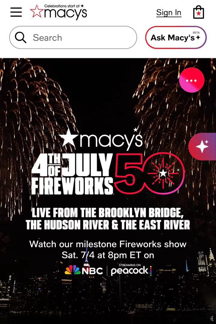 Macy’s 百货公司赞助纽约“七月四”焰火晚会五十周年，正在全场打折50%🛍