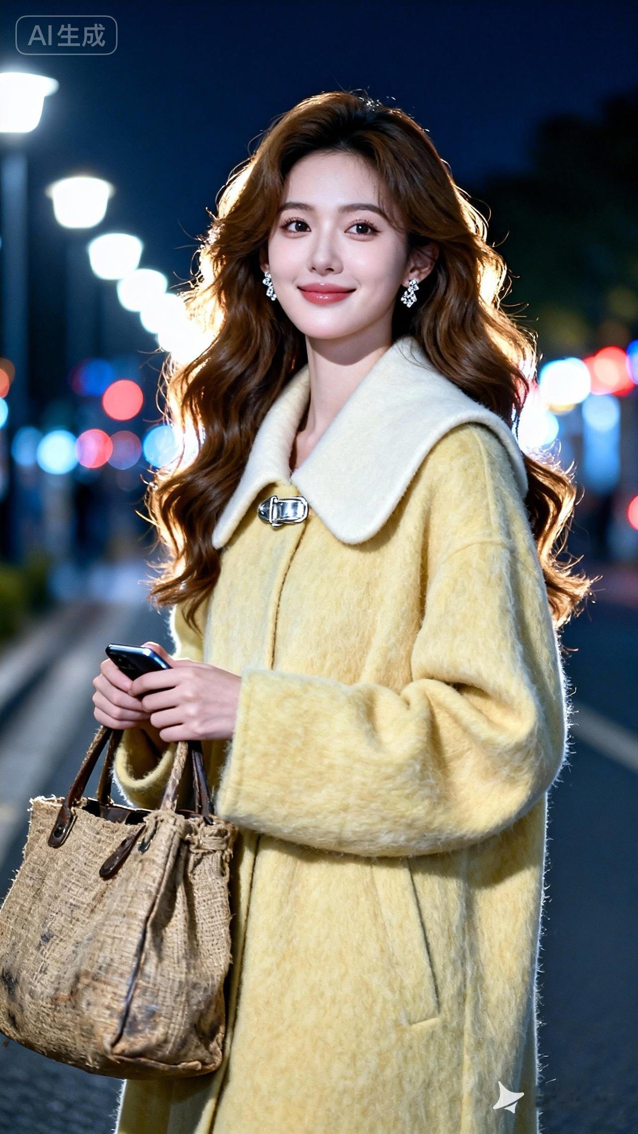 夜晚街头，那个身着暖黄色大衣、手持复古手提包的身影，简直是优雅与时尚的化身。
秋