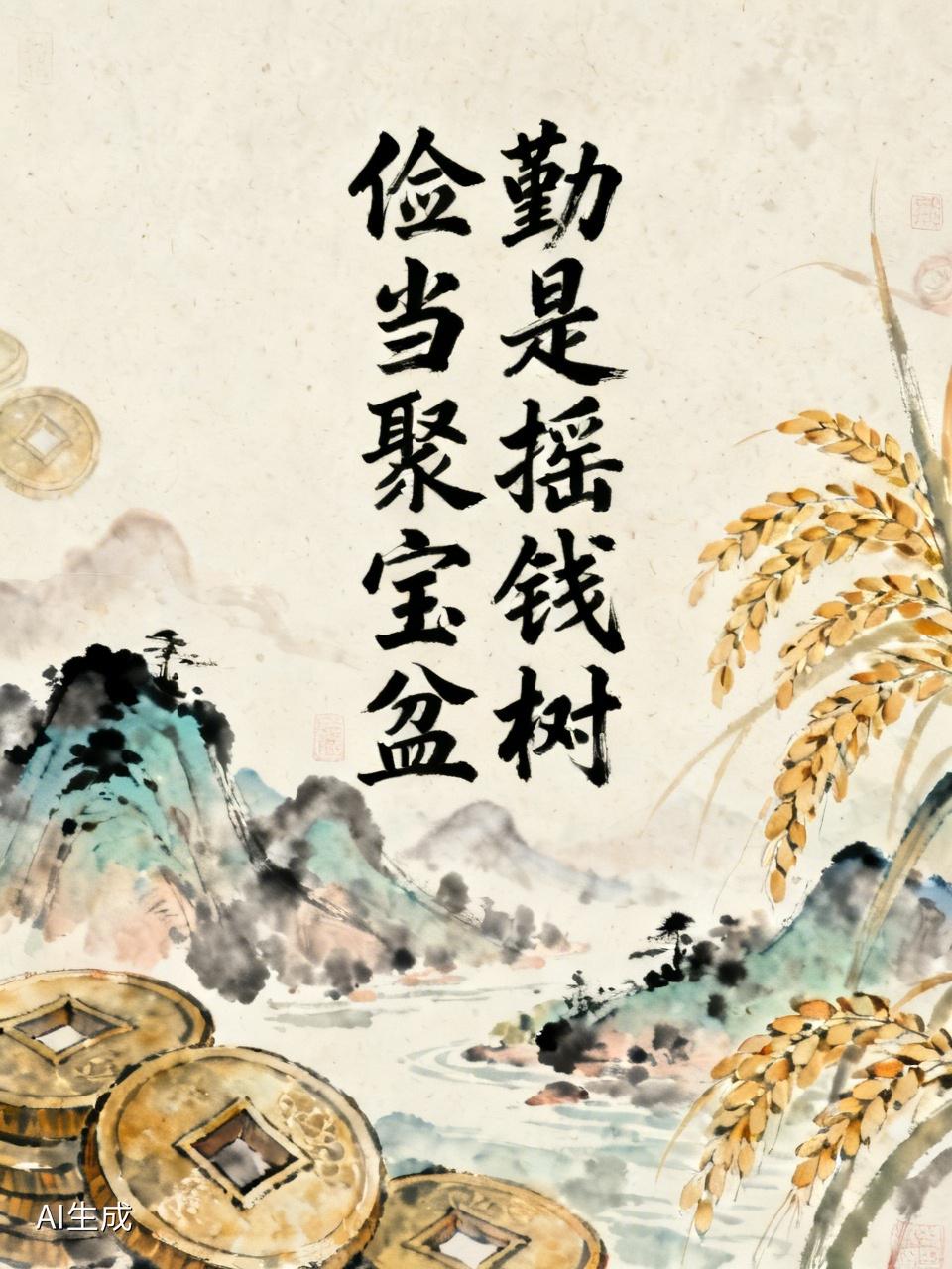 这副对联对仗工整，“勤”与“俭”都是优良的传统美德，“摇钱树”和“聚宝盆”都寓意