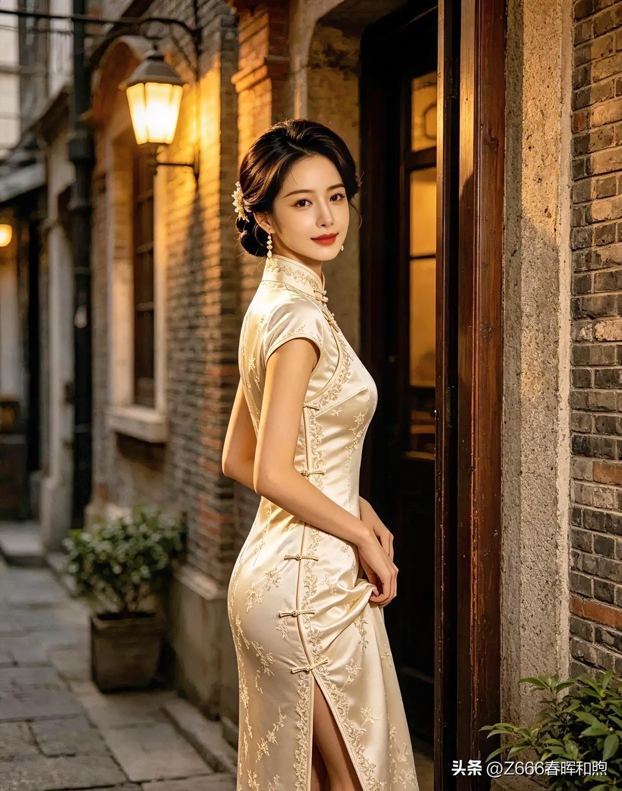暖灯初上，青砖巷深。一袭香槟色旗袍勾勒出东方温婉，盘扣与碎花诉说着旧梦。她回眸浅