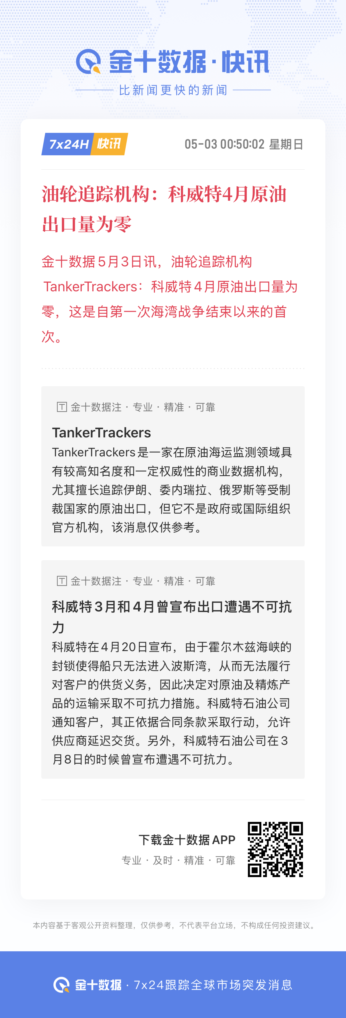 🔻油轮追踪机构TankerTrackers：科威特4月原油出口量为零，这是自第